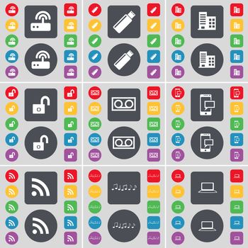 Router, USB, Building, Lock, Cassette, SMS, RSS, Note, Laptop icon symbol. A large set of flat, colored buttons for your design. illustration