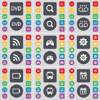DVD, Magnifying glass, Cassette, RSS, Gamepad, Gear, Battery, Bus, Calendar icon symbol. A large set of flat, colored buttons for your design. illustration