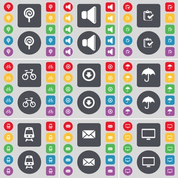 Lollipop, Sound, Survey, Bicycle, Arrow down, Umbrella, Train, Message, Monitor icon symbol. A large set of flat, colored buttons for your design. illustration