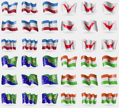 Mari El, Easter Rapa Nui, Christmas Island, Niger. Set of 36 flags of the countries of the world. illustration