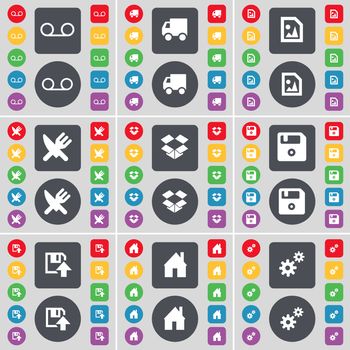 Cassette, Truck, Media file, Fork and knife, Dropbox, Floppy, House, Gears icon symbol. A large set of flat, colored buttons for your design. illustration