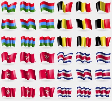 Karelia, Belgium, Isle of man, Costa Rica. Set of 36 flags of the countries of the world. illustration