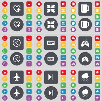 Heart, Deploying screen, Cup, Arrow left, Buy, Gamepad, Airplane, Media skip, Cloud icon symbol. A large set of flat, colored buttons for your design. illustration