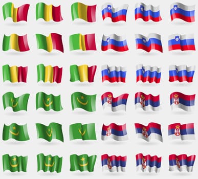 Mali, Slovenia, Mauritania, Serbia. Set of 36 flags of the countries of the world. illustration