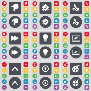 Hand, Gear, Receiver, Rewind, Light bulb, Laptop, Arrow up, Arrow down, Videotape icon symbol. A large set of flat, colored buttons for your design. illustration