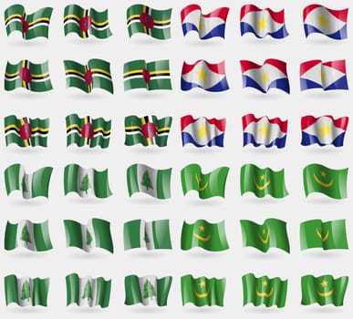 Dominica, Saba, Norfolk Island, Mauritania. Set of 36 flags of the countries of the world. illustration