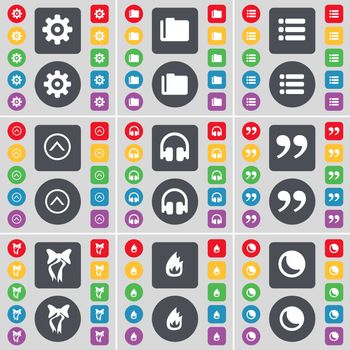 Gear, Folder, List, Arrow up, Headphones, Quoting mark, Bow, Fire, Moon icon symbol. A large set of flat, colored buttons for your design. illustration