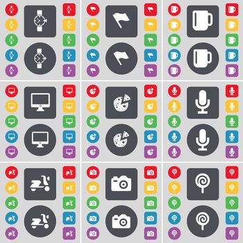 Wrist watch, Flag, Cup, Monitor, Pizza, Microphone, Scooter, Camera, Lollipop icon symbol. A large set of flat, colored buttons for your design. illustration