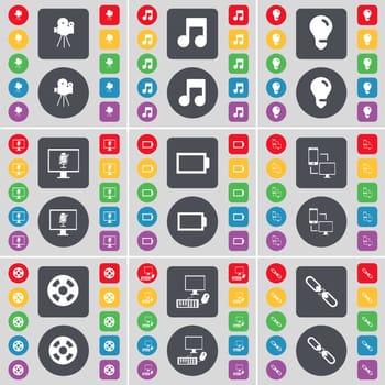 Film camera, Note, Light bulb, Monitor, Battery, Information exchange, Videotape, PC, Link icon symbol. A large set of flat, colored buttons for your design. illustration