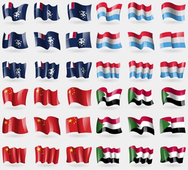 French and Antarctic, Luxembourg, China, Sudan. Set of 36 flags of the countries of the world. illustration