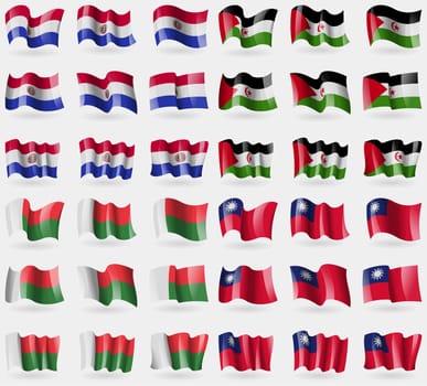 Paraguay, Western Sahara, Madagascar, Taiwan. Set of 36 flags of the countries of the world. illustration