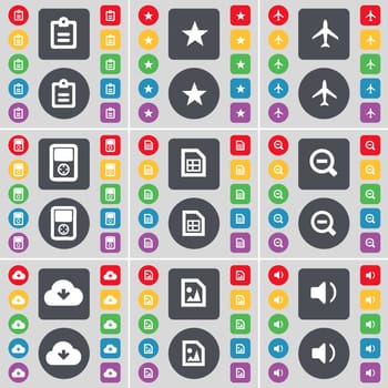 Survey, Star, Airplane, MP3 player, File, Minus, Cloud, Sound icon symbol. A large set of flat, colored buttons for your design. illustration