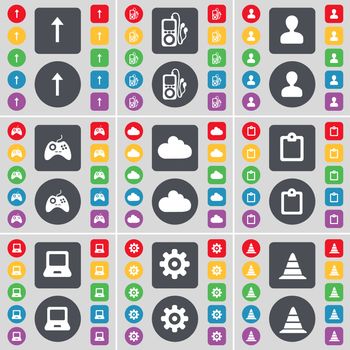 Arrow up, MP3 player, Avatar, Gamepad, Cloud, Survey, Laptop, Gear, Cone icon symbol. A large set of flat, colored buttons for your design. illustration