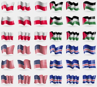 Poland, Palestine, USA, Cape Verde. Set of 36 flags of the countries of the world. illustration