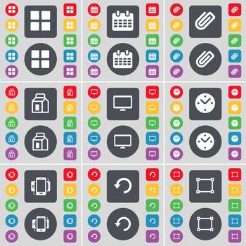 Apps, Calendar, Clip, Packing, Monitor, Clock, Smartphone, Reload, Frame icon symbol. A large set of flat, colored buttons for your design. illustration