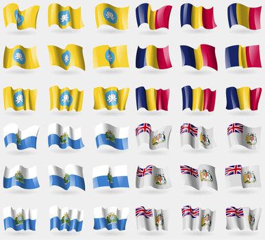 Kalmykia, Chad, San Marino, British Antarctic Territory. Set of 36 flags of the countries of the world. illustration