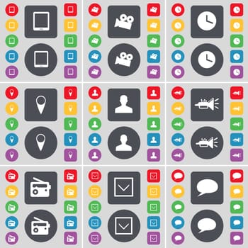 Tablet PC, Film camera, Clock, Checkpoint, Avatar, Trumped, Radio, Arrow down, Chat bubble icon symbol. A large set of flat, colored buttons for your design. illustration