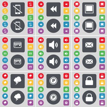 Smartphone, Rewind, Window, Credit card, Sound, Message, Cloud, Parking, Lock icon symbol. A large set of flat, colored buttons for your design. illustration