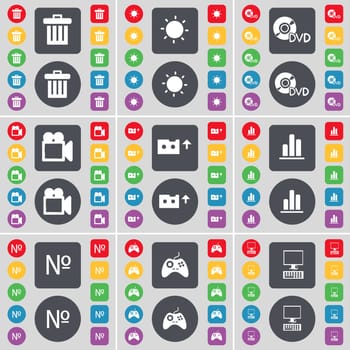 Trash can, Light, DVD, Film camera, Cassette, Diagram, Number, Gamepad, PC icon symbol. A large set of flat, colored buttons for your design. illustration