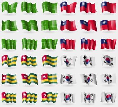 Ladonia, Taiwan, Togo, Korea South. Set of 36 flags of the countries of the world. illustration