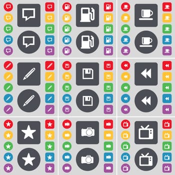 Chat bubble, Gas station, Cup, Pencil, Floppy, Rewind, Star, Camera, Retro TV icon symbol. A large set of flat, colored buttons for your design. illustration