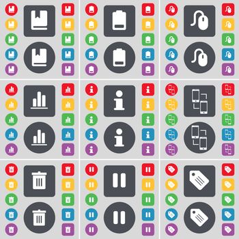 Dictionary, Battery Low, Mouse, Diagram, Information, Exchange, Trash can, Pause, Tag icon symbol. A large set of flat, colored buttons for your design. illustration