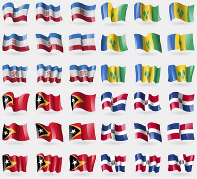 Mari El, Saint Vincent and Grenadines, East Timor, Dominican Republic. Set of 36 flags of the countries of the world. illustration