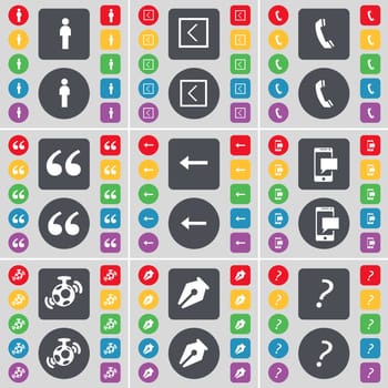 Silhouette, Arrow left, Receiver, Quoting mark, SMS, Speaker, Ink pen, Question mark icon symbol. A large set of flat, colored buttons for your design. illustration