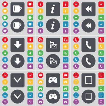 Cup, Information, Rewind, Arrow down, SMS, Receiver, Arrow down, Gamepad, Tablet PC icon symbol. A large set of flat, colored buttons for your design. illustration