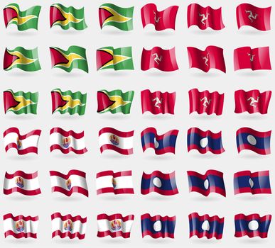 Guyana, Isle of man, French Polynesia, Laos. Set of 36 flags of the countries of the world. illustration