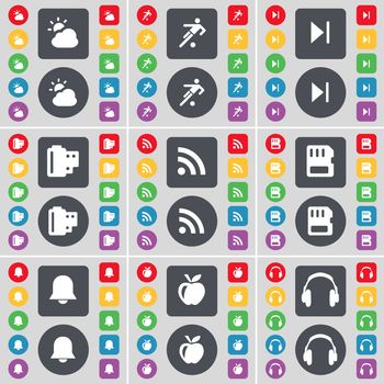 Weather, Football, Media skip, Negative films, RSS, SIM card, Notification, Apple, Headphones icon symbol. A large set of flat, colored buttons for your design. illustration