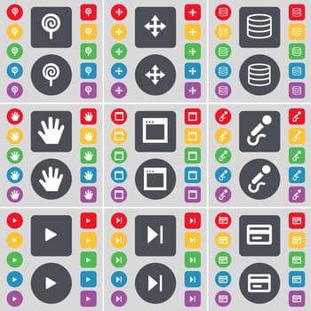 Lollipop, Moving, Database, Hand, Window, Microphone, Play, Media skip, Credit card icon symbol. A large set of flat, colored buttons for your design. illustration