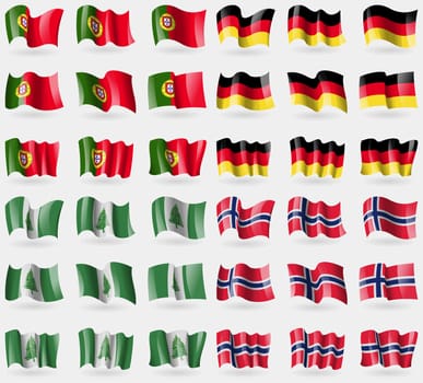 Portugal, Germany, Norfolk Island, Norway. Set of 36 flags of the countries of the world. illustration