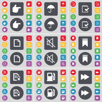Hand, Umbrella, Survey, File, Mute, Marker, Text file, Gas station, Rewind icon symbol. A large set of flat, colored buttons for your design. illustration