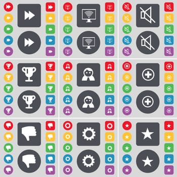 Rewind, Monitor, Mute, Cup, Avatar, Plus, Dislike, Gear, Star icon symbol. A large set of flat, colored buttons for your design. illustration