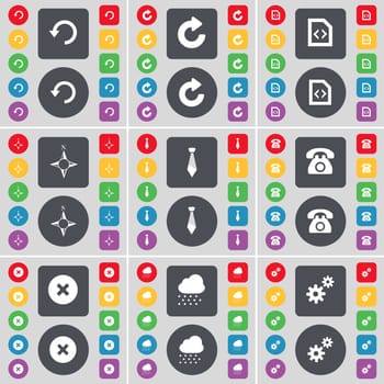 Reload, File, Compass, Tie, Retro phone, Stop, Cloud, Gear icon symbol. A large set of flat, colored buttons for your design. illustration
