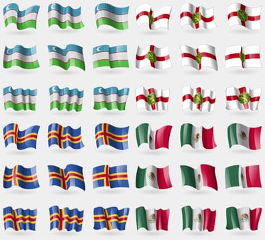 Uzbekistan, Alderney, Aland, Mexico. Set of 36 flags of the countries of the world. illustration
