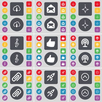 Cloud, Message, Compass, Clef, Like, Wi-Fi, Clip, Rocket, Arrow up icon symbol. A large set of flat, colored buttons for your design. illustration