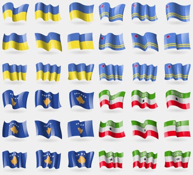 Ukraine, Aruba, Kosovo, Somaliland. Set of 36 flags of the countries of the world. illustration