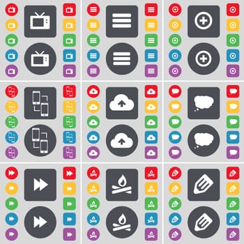 Retro TV, Apps, Plus, Information exchange, Cloud, Chat cloud, Rewind, Campfire, Pencil icon symbol. A large set of flat, colored buttons for your design. illustration
