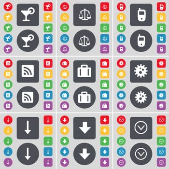 Cocktail, Scales, Mobile phone, RSS, Suitcase, Gear, Arrow down icon symbol. A large set of flat, colored buttons for your design. illustration