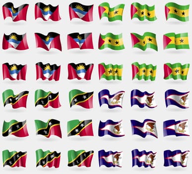 Antigua and Barbuda, Sao Tome and Principe, Saint Kitts and Nevis, American Samoa. Set of 36 flags of the countries of the world. illustration