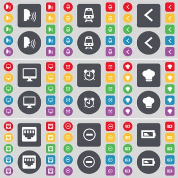 Talk, Train, Arrow left, Monitor, Alarm clock, Cooking hat, LAN socket, Minus, Battery icon symbol. A large set of flat, colored buttons for your design. illustration