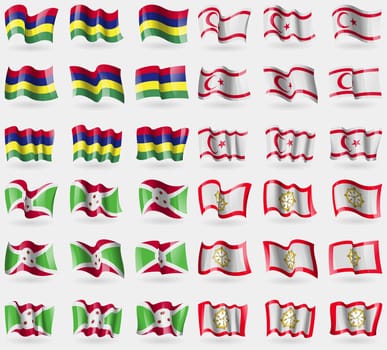 Mauritius, Turkish Northern Cyprus, Burundi, Sikkim. Set of 36 flags of the countries of the world. illustration