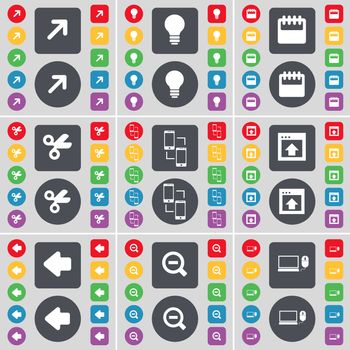 Full screen, Light bulb, Calendar, Scissors, Information exchange, Window, Arrow left, Minus, Laptop icon symbol. A large set of flat, colored buttons for your design. illustration