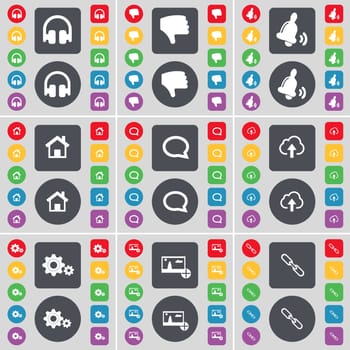 Headphones, Dislike, Bell, House, Chat bubble, Cloud, Gears, Pictures, Link icon symbol. A large set of flat, colored buttons for your design. illustration