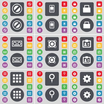 Stop, Mobile phone, Suitcase, Cassette, Speaker, Contact, Apps, Checkpoint, Gear icon symbol. A large set of flat, colored buttons for your design. illustration