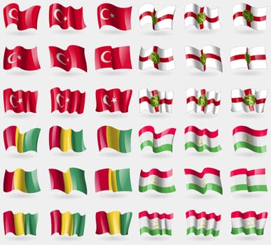 Turkey, Aldeney, Guinea, Tajikistan. Set of 36 flags of the countries of the world. illustration