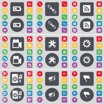Battery, Link, RSS, Film camera, Wrenches, Gear, Speaker, Mute, Flag tower icon symbol. A large set of flat, colored buttons for your design. illustration