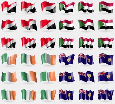Sealand Principality, Sudan, Ireland, Turks and Caicos. Set of 36 flags of the countries of the world. illustration